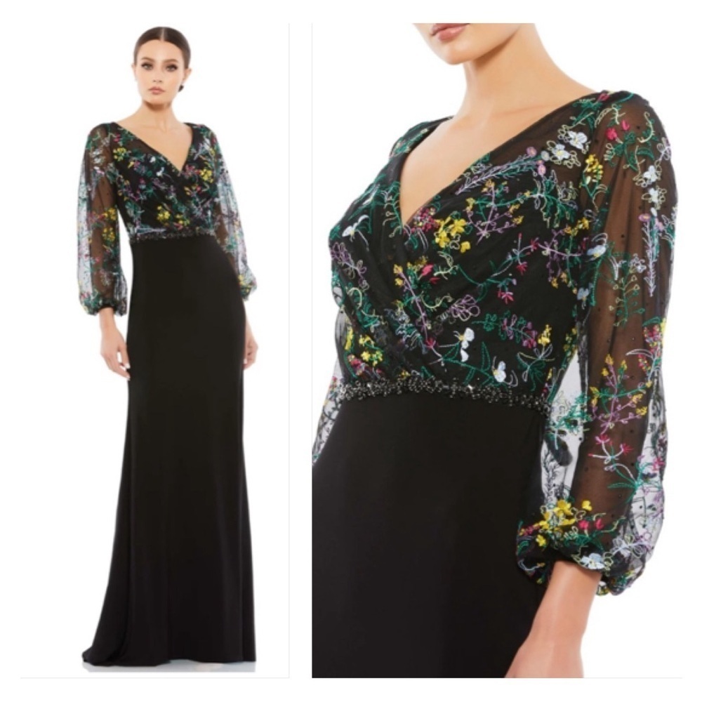 Mac Duggal Black Long Sleeve Gown with Multicolor Floral Embroidery